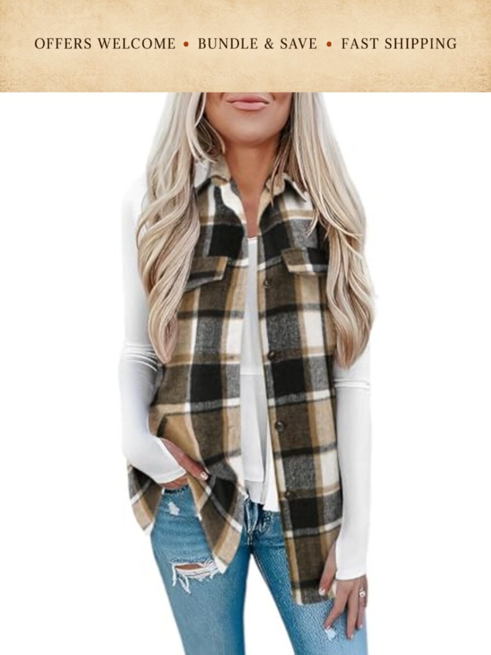 Sleeveless Plaid Shacket Long Button Front Vest